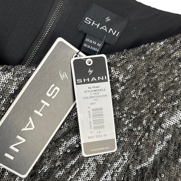 SHANI S-2025 SEQUIN RUFFLE HALF SLEEVE GRAY SILVER HOLIDAY COCKTAIL DRESS - Picture 13 of 14